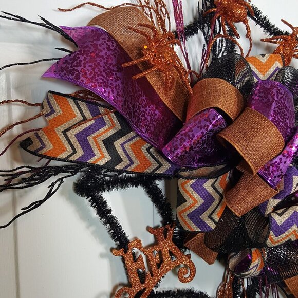 Halloween Orange Black Purple Glittered EEK Black Tinsel Spider Web Wreath - Picture 10 of 12